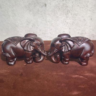 Ebony Elephant Rosewood Handicraft Pair: Small Solid Wood Carved Elephants Gift Ornament