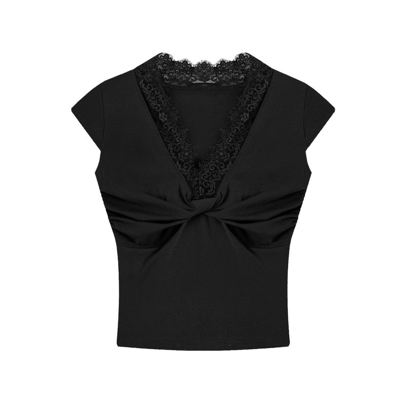 Kumikumi Sweet Gyaru Style Lace Stitching V-neck Short sleeve T-shirt Women Summer Slim fit Slimming Gray All-Match Top