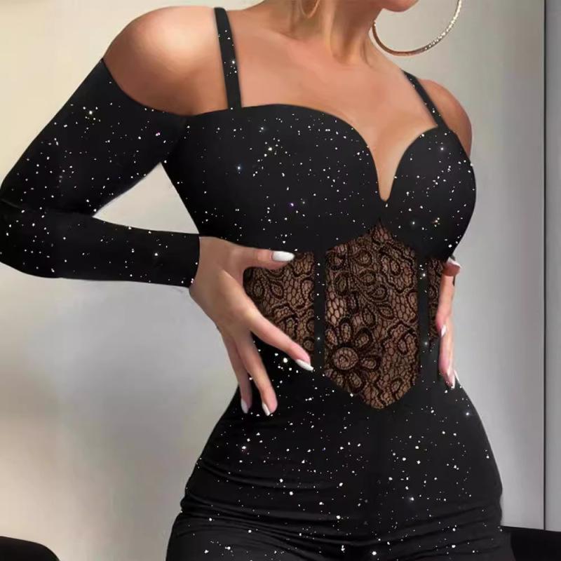 Tooxika 2024 New Lace Hollow Stitching Flash Highlights Suspenders Jumpsuit For Women