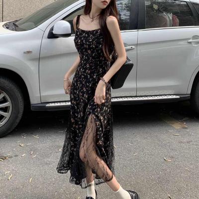 Y2k Vintage Siyah Örgü Elbise Kadın Kore Tarzı Elbiseler Peri Çiçek Yaz Tek Parça Midi Kayma Uzun Elbise
