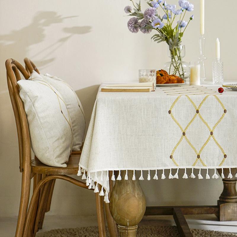 Tablecloth Cotton And Linen Fringed Three-Dimensional Embroidery Rectangular Party Picnic Tablecloth