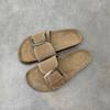 Cowhide version~ niche summer new retro leather big buckle one-word slippers women open-toed thick-bottomed Birkenstock sandals women