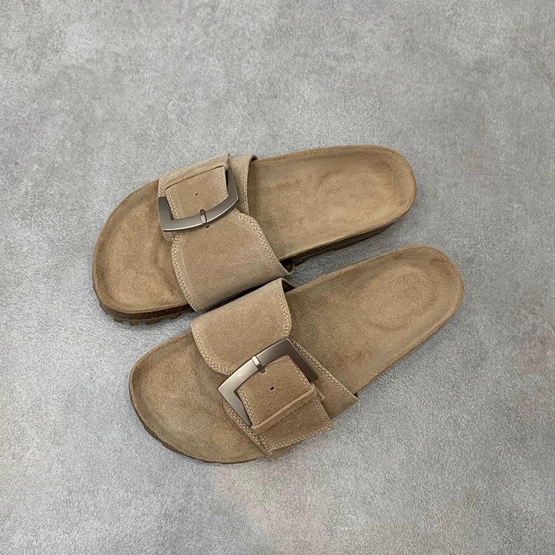 Cowhide version~ niche summer new retro leather big buckle one-word slippers women open-toed thick-bottomed Birkenstock sandals women
