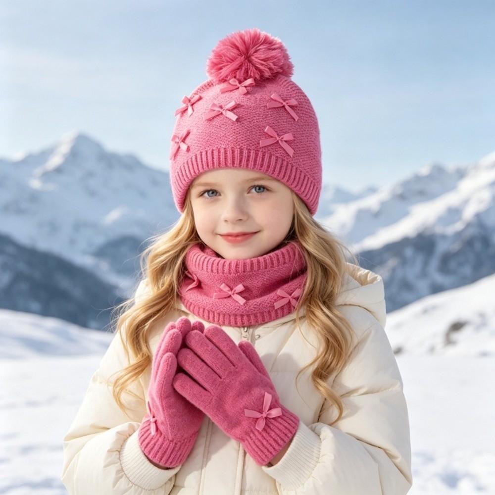 3pcs Keep Warm Knit Hat Scarf Gloves Set With Bow Neck Warmer Soft Kids 3-Piece Kit 1-6Y
