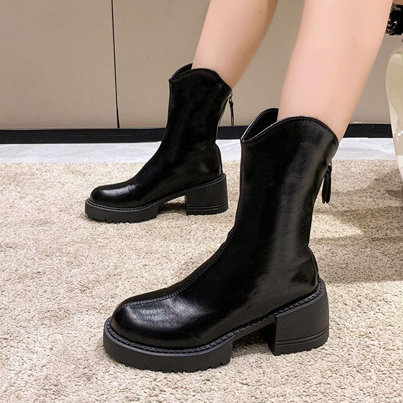 Martin boots matching pants women's new autumn and winter thick heel leather boots warm short boots thick-soled short boots women