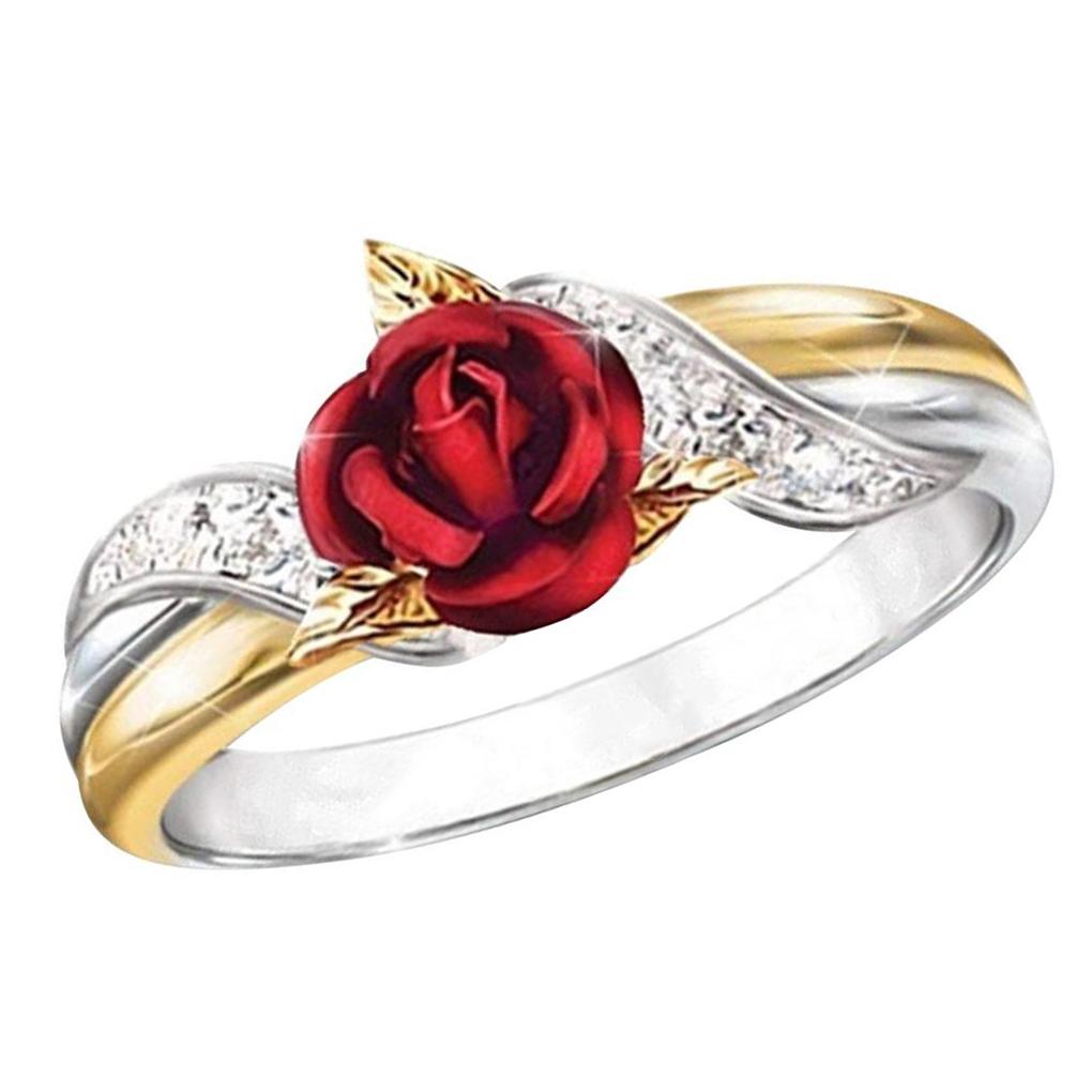 3D Red Rose Ring Women Flower Fashion Simple Leaves Rhinestones Gift Jewelry for Promise Wedding Engagement Anniversary