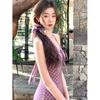 Purple Polka Dot Neck Dress Women's Spring and Summer French Vacation Style Temperament V-neck Waist and Thin Dress