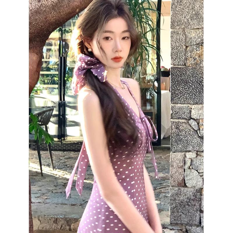 Purple Polka Dot Neck Dress Women's Spring and Summer French Vacation Style Temperament V-neck Waist and Thin Dress