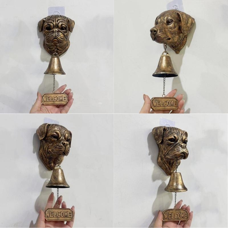 Dog Head Resins Statue Doorbell with Welcome Sign Farmhouses Entryway Wall Hanging Bells Ornament Easy Installation