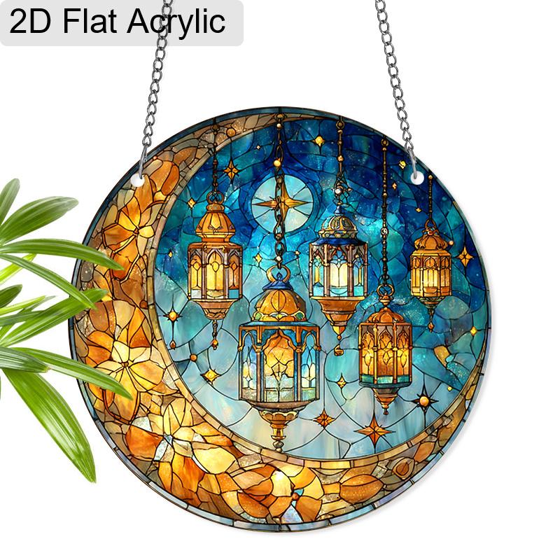 Acrylic Crescent Moon & Ramadan Lanterns Suncatcher, Stained Glass Effect Window Hanging Ornament for Islamic & Ramadan Lover Gifts