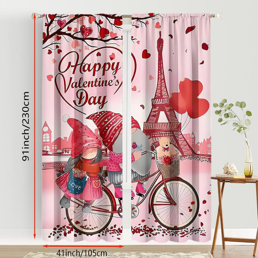 Set Of 2 Romantic Valentine Day Gnome Eiffel Tower Curtains Perfect Festive Window Decor Bedroom Living Room Curtain Polyester Ideal For Sitting