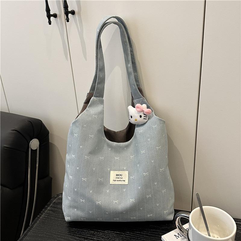 Soft Waxy Denim Canvas Bag, New Bow Design, Shoulder Bag, Commuter Large-capacity Tote Bag.