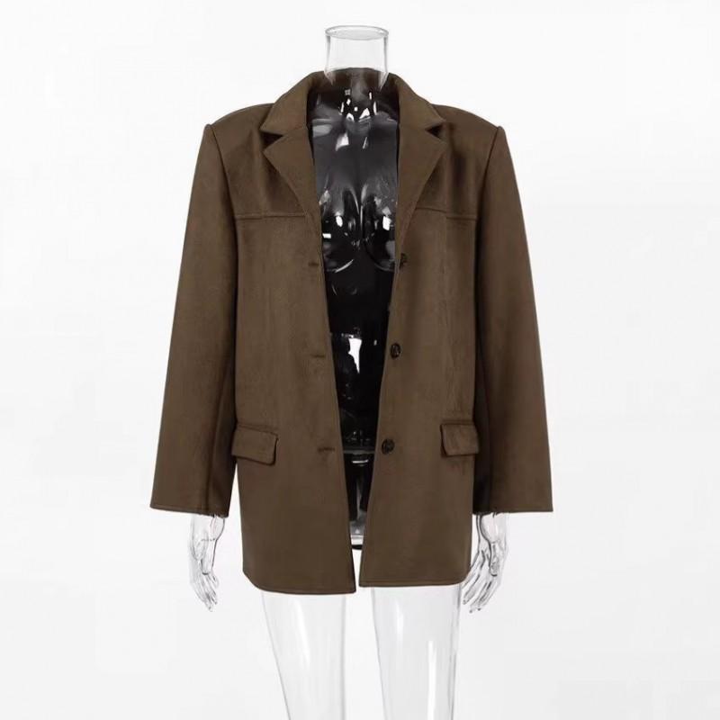 Chaqueta de Ante Vintage Oversize para Mujer con Solapa de Muesca Triple Botón Otoño Invierno