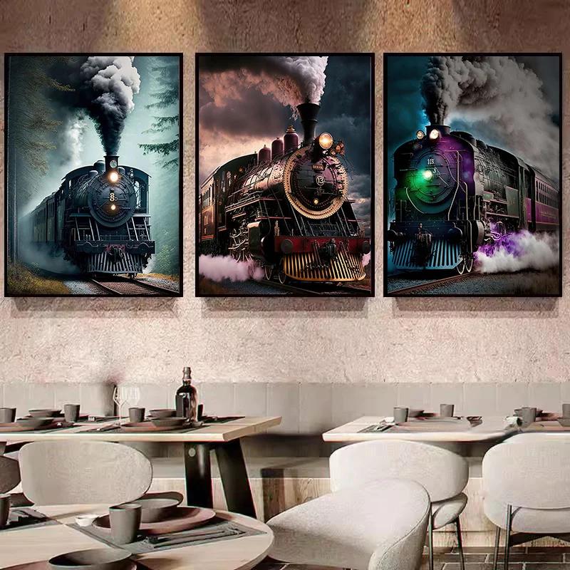 Vintage Cale Ferată Retro Cale Ferată Tren cu Aburi Locomotivă Peisaj Poster de Artă Pictură pe Pânză Imprimeuri de Perete Imagine Cameră Decor Acasă