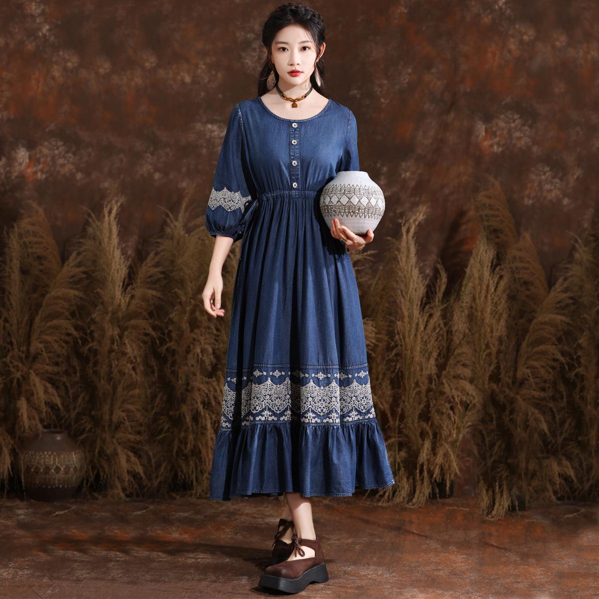 

Johnature летнее женское платье с круглым вырезом и эластичным поясом, винтажное ковбойское платье с вышивкой три четверти M темно-синий