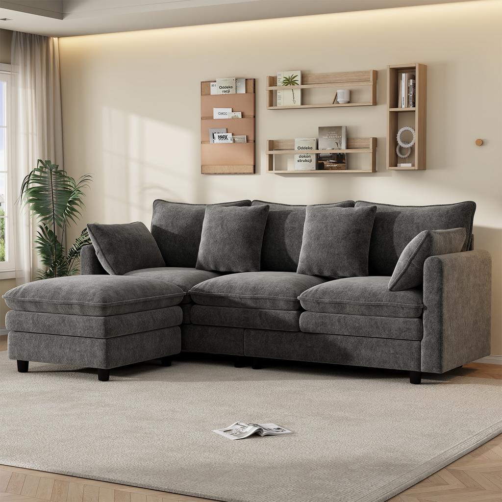 L-Shaped Corner Sofa with 4 Cushions and 3 Backrests, 3-Seater Sofa with Chaise Longue, Capacity up to 120 kg, Living Room Sofa 212×150×90 cm, Grey
