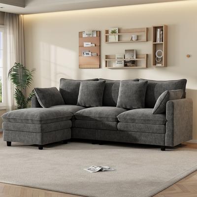 L-Shaped Corner Sofa with 4 Cushions and 3 Backrests, 3-Seater Sofa with Chaise Longue, Capacity Up To 120 Kg, Living Room Sofa 212×150×90 Cm, Grey
