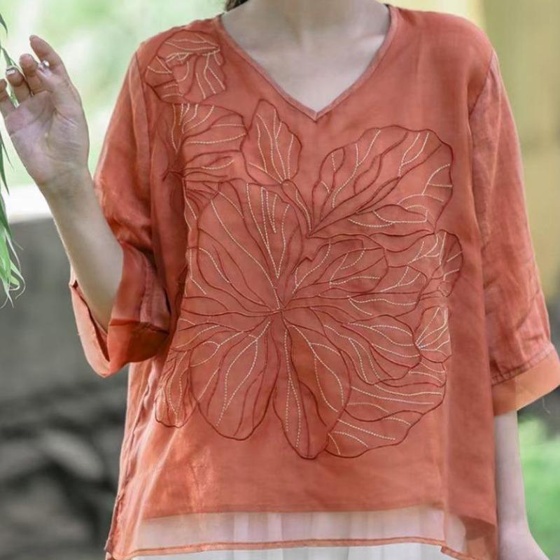 Koreańska Elegancka Letnia Damska Gładka Dekolt V Haftowana Muślinowa Modna Do Pracy Wszechstronna Rękaw Trzy Czwarte Luźna Szyfonowa Koszula Bluzki
