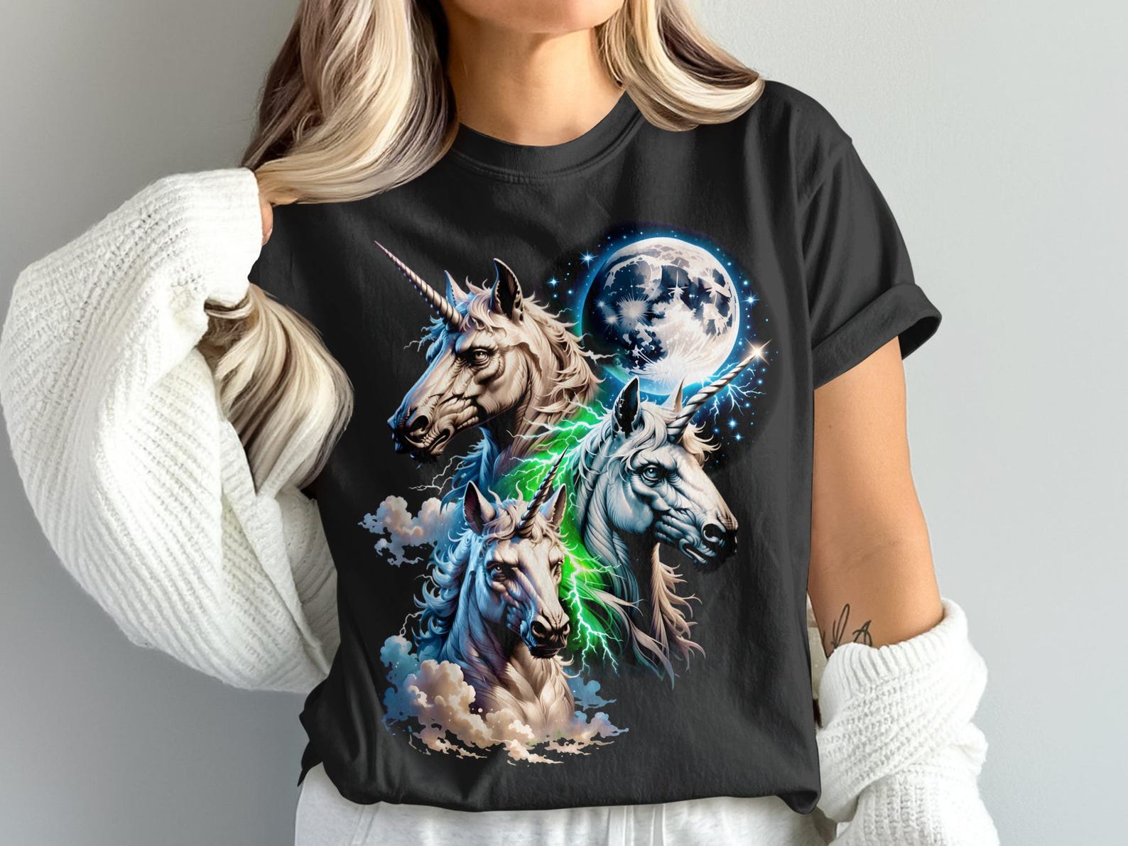 Majestic Three Unicorns T-Shirt, Fantasy Lightning Moon Design, Mythical Creature Celestial Tee, Magical Horse Art Apparel Gift, Powerful S