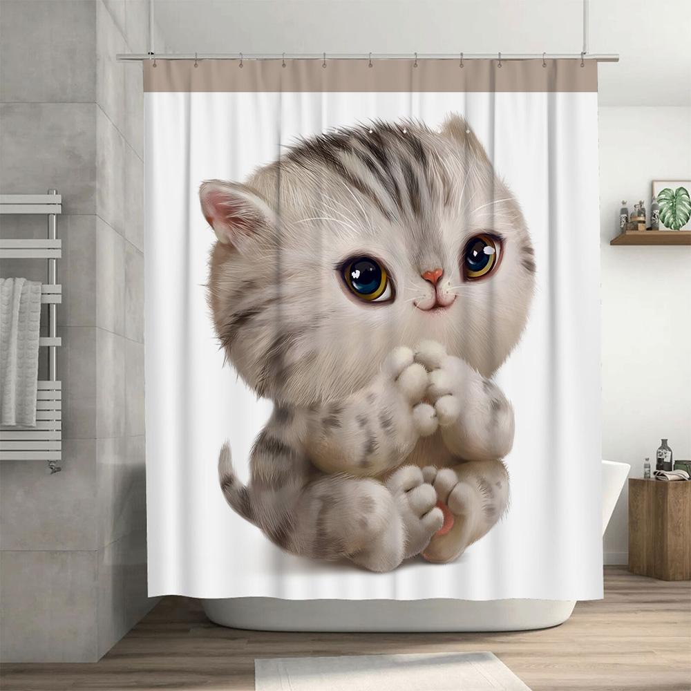 Super Cute Cat Shower Curtain Bathroom Decor With High Definition Print For Kids' Room Or Nursery