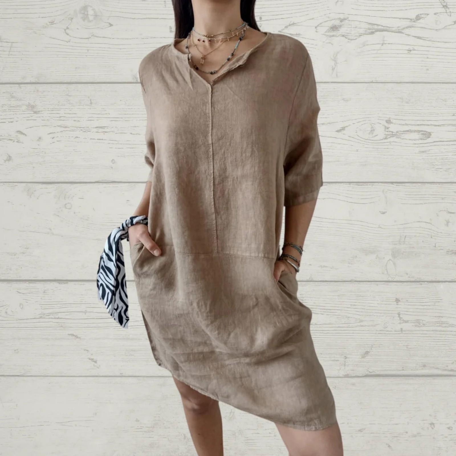 

Женское свободное повседневное платье из хлопка и льна с V-образным вырезом и короткими рукавами S хаки