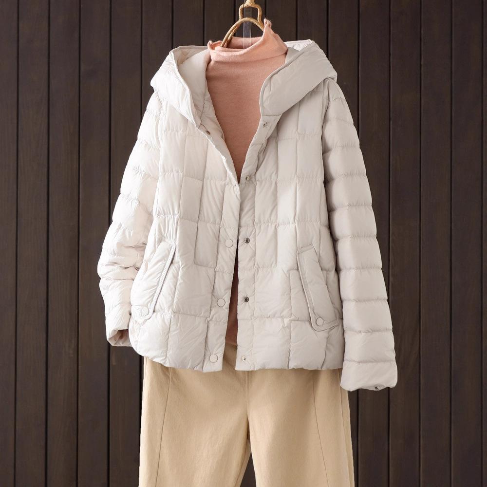 White duck down light down jacket women's winter hooded casual solid color simple warm loose literary jacket