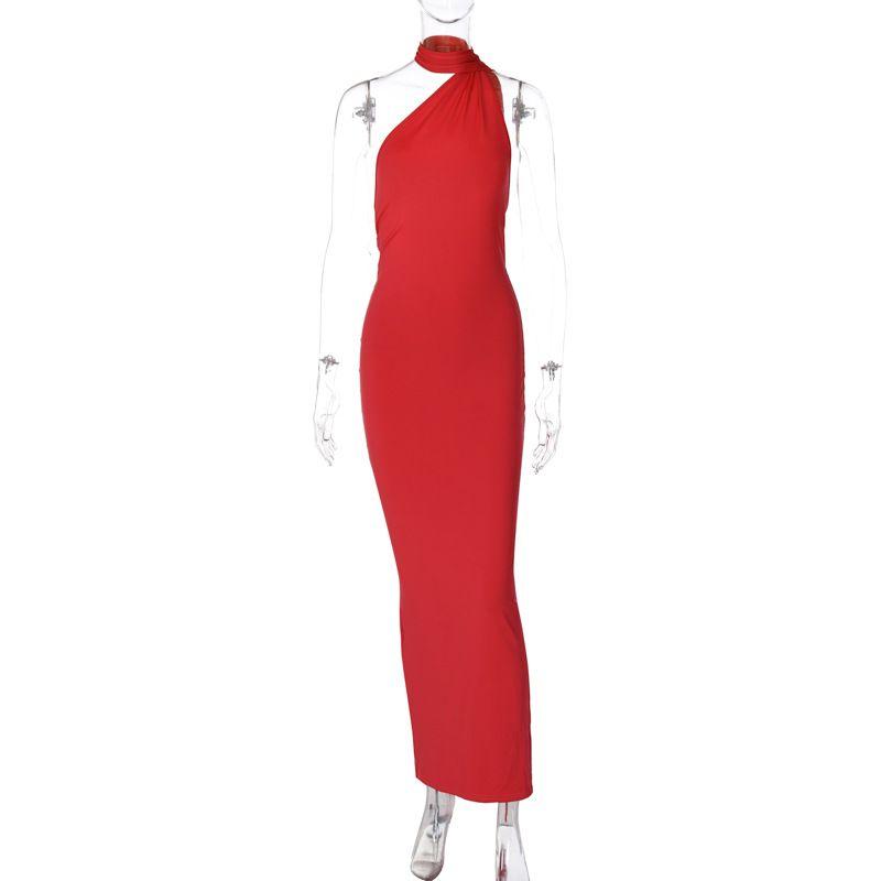 

Sexy Big Backless Slant-Shoulder Ribbon Design Dress Fashion Sexy Pleating Sheath and Fitted Waist Mop One-Shoulder Dress Red L