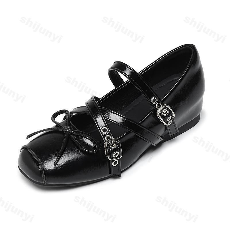 Woman Ballet Mary Jane Shoes 2025 Summer Female Retro Square Toe Buckle High Heels Comfortable Leather Dress Women Casual Shoes