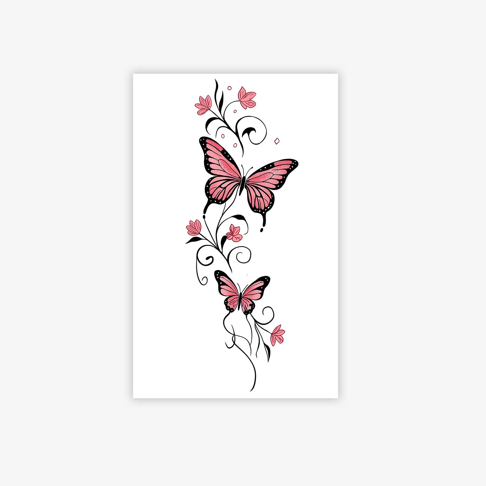 Premium Feeling Small Fresh Retro Simple Red Flower Butterfly Waist Belly Tattoo Sticker 12*19
