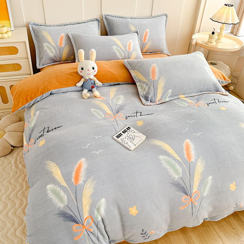 Thickened Milk Fleece Printing Four-Piece Set, Fleece Warm Coral Fleece Skin-Friendly Student Dormitory