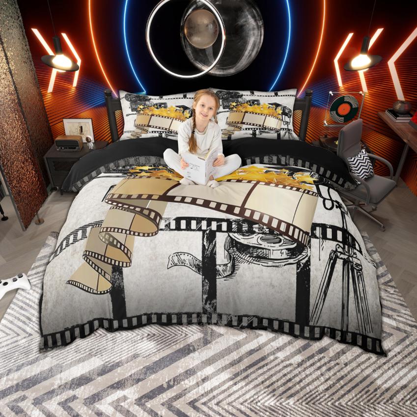 Homewish Kino Popcorn Bettbezug Set, Vintage Film Bettwäsche Set, Film Thema Bett Set, Raumdeko