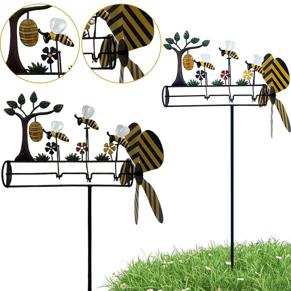 3D Animal Bee Windmill Metal Whirligig Wind Spinner Garden Trees & Little Bees Ornament Art Stake Decorations For Outdoor Lawn