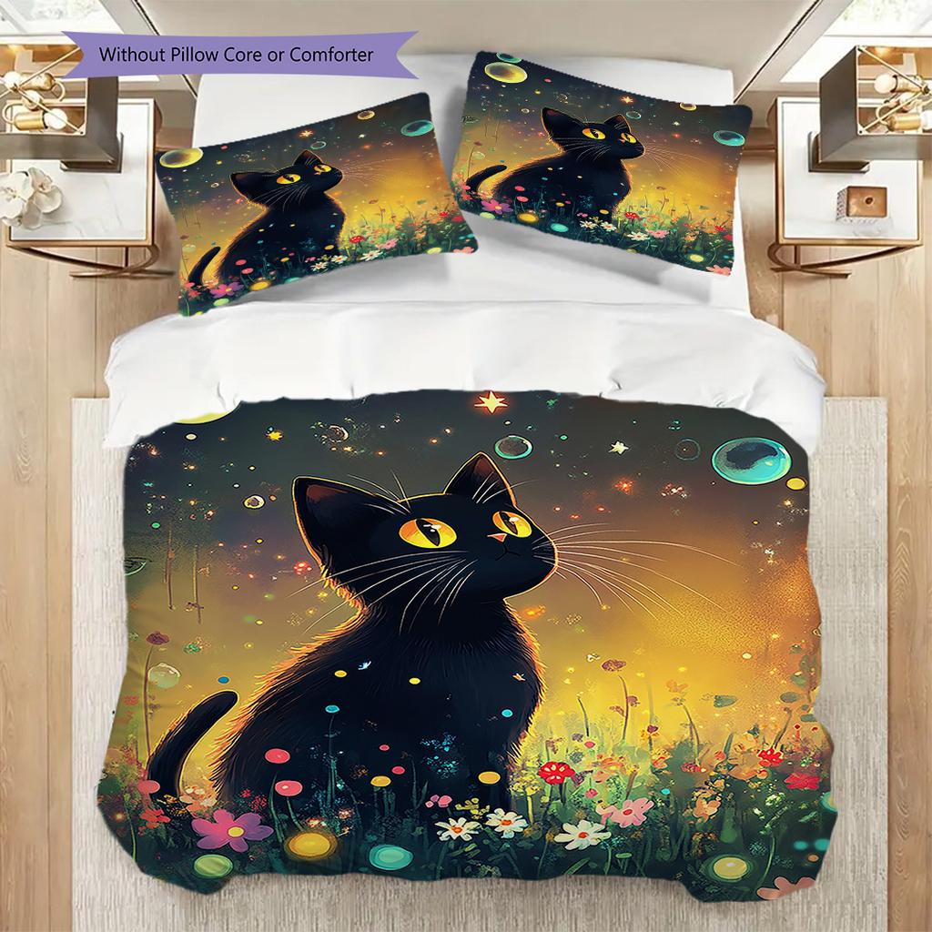 Black Cat Pattern Bedding Quilt Set Quilt Cover Pillowcase Home Decoration Birthday Gift (1 * Duvet Cover + 2 * Pillowcase, Without Core)
