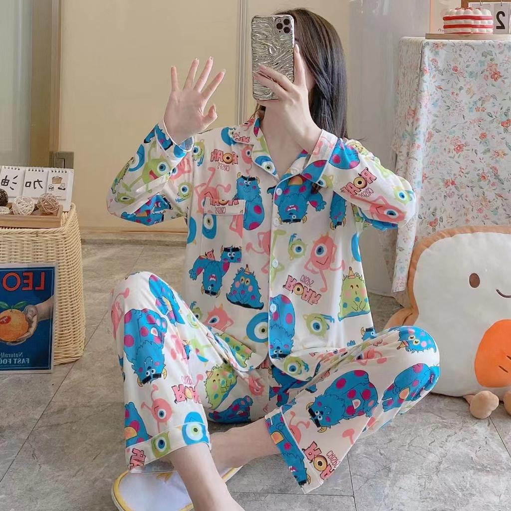 2pcs Spring And Autumn Ladies Pajamas Girls Homewear  Of Autumn And Winter Cartoon Cute Homewear Long-Sleeved Trousers Set