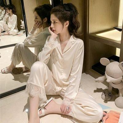 Pyjamas Damen Nachthemd Frühling Herbst Langarm Hose Sexy Spitze Nachtwäsche V-Ausschnitt Locker Lässig Einfach Dünne Pyjama Sets