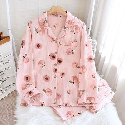 Şeftali Çiçeği Desenli Pijama İlkbahar ve Sonbahar Yeni Tatlı ve Şirin Ev Giyim Seti Pamuklu Yakalı Pijama Bol Ev Giyim Pijama