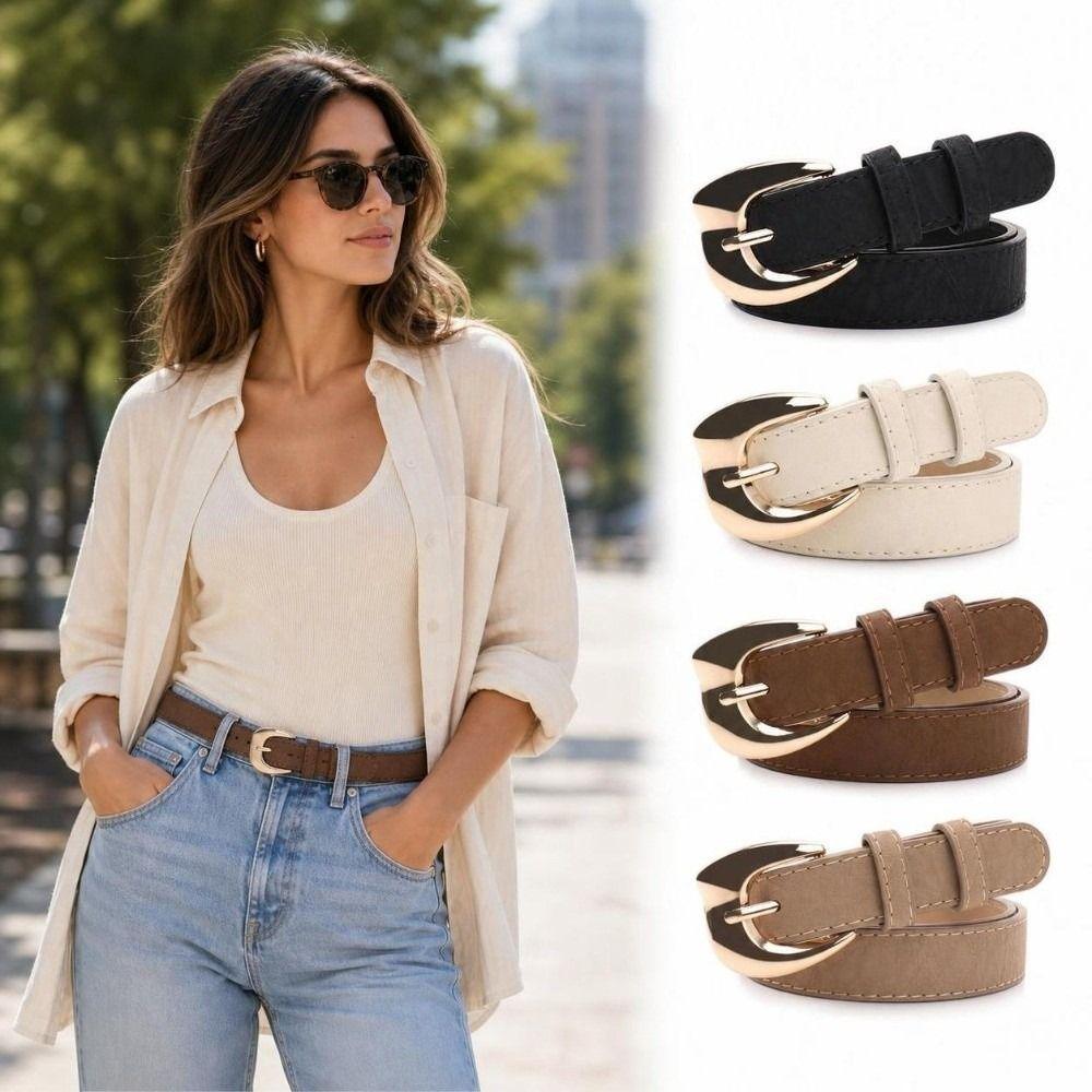 Pin Buckle Closure PU Leather Belt Minimalist Faux Leather Waistband Slim Waist Strap  For Women