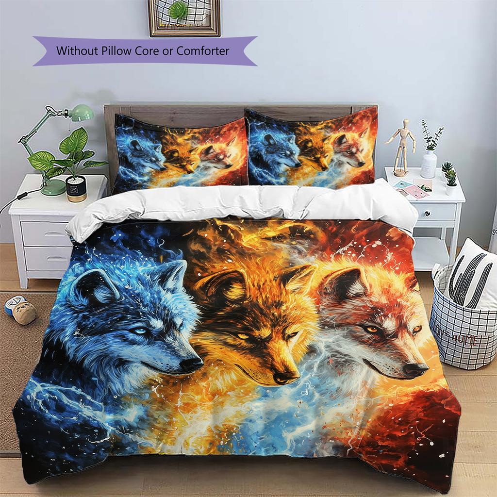 Flame Wolf Pattern Bedding Quilt Set Quilt Cover Pillowcase Home Decoration Gift (1 * duvet cover + 2 * pillowcase, without core)