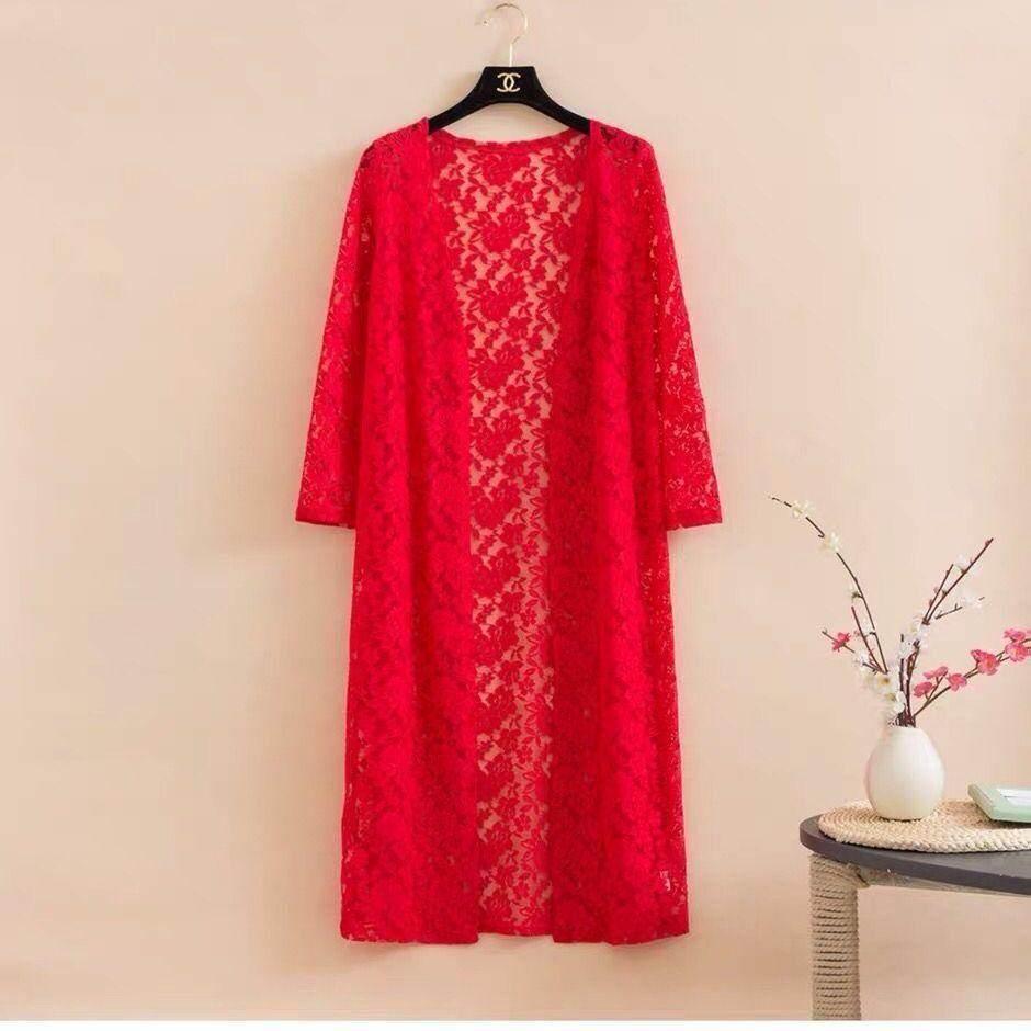 Sommer Damen Spitzen-Strickjacke Sonnenschutzjacke Langarm Plus Size Mittellange dünne Außenschaljacke
