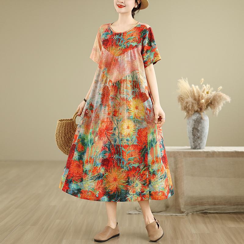 Dimanaf 2025 Women Plus Size Spring Summer Dress Casual Floral Dress Basic Vintage Loose Long Dress Maxi 9326