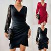 Damen V-Ausschnitt Langarm Spitze Patchwork Bodycon Hohe Taille Elegant Wickel Mini Kleid