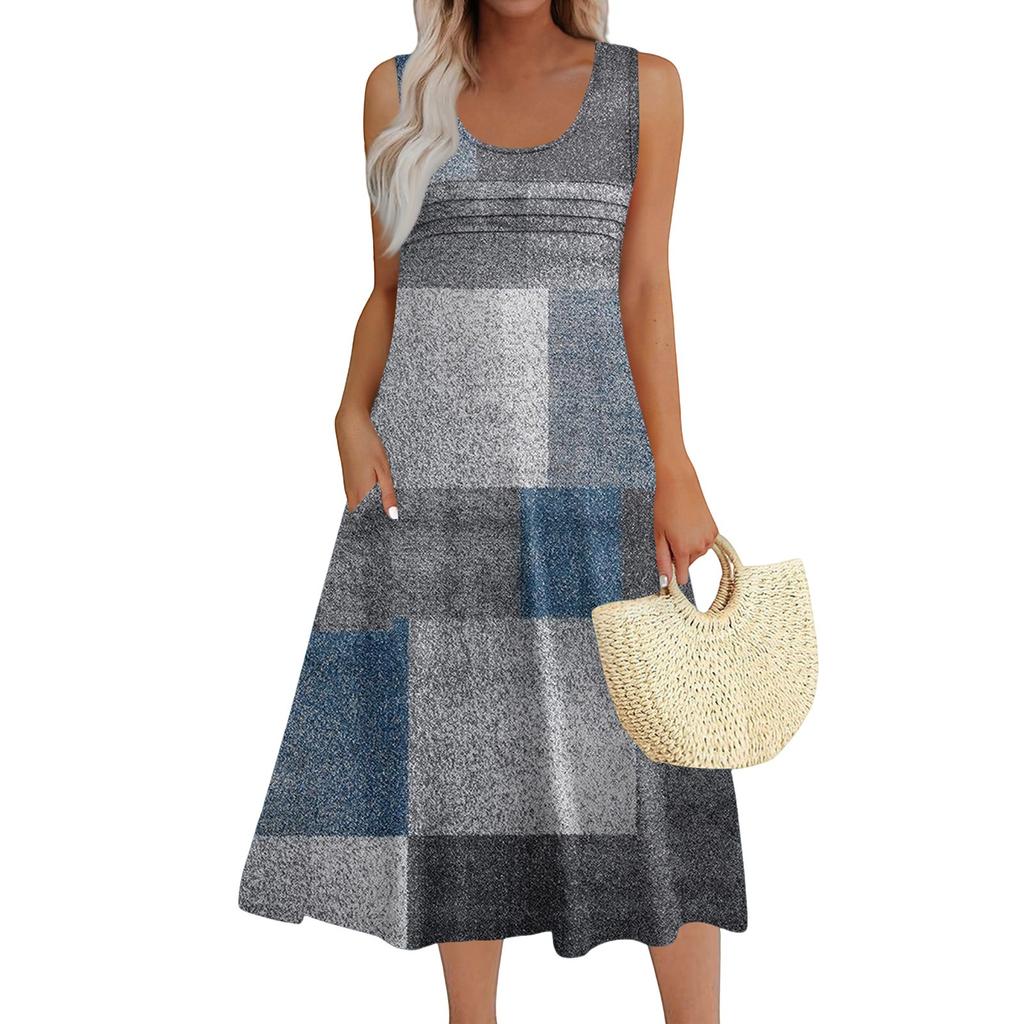 Women's Fashion Round Neck Sleeveless Pleated Beach Dress With Pockets Long Striped Printed Dresses