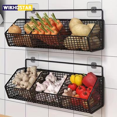 An der Wand montierter Aufbewahrungskorb für die Küche, geeignet für die langlebige Aufbewahrung von Gewürzen, Knoblauch, Zwiebeln und Gemüse aus Metalldraht.