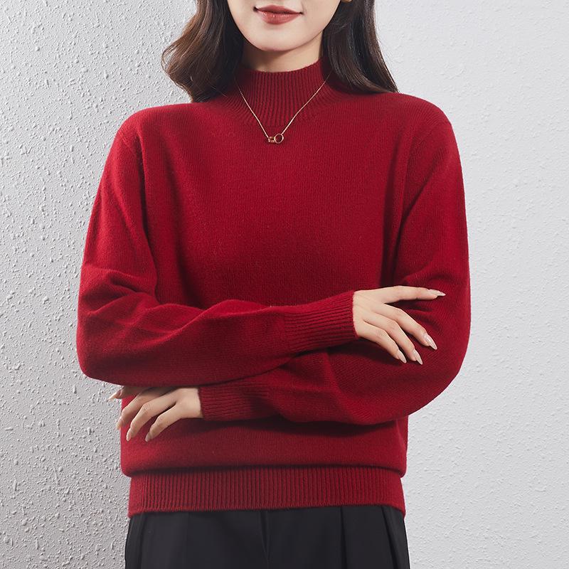 Women's Light Luxury Wool Pullover – Half-High Collar, Thick Knit, Loose Fit, 100% Wool, Perfect for Autumn/Winter.