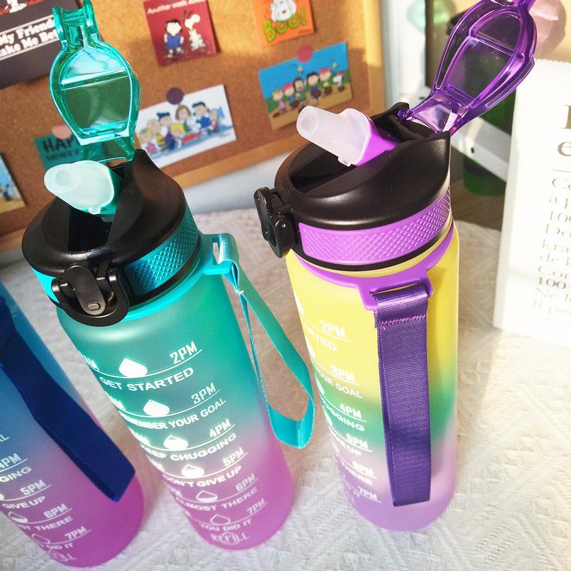 1 Liter Water Bottle with Straw Plastic Frosted Cup with Time Marker for Girls Kawaii Portable Travel Outdoor Sport Fitness Cups