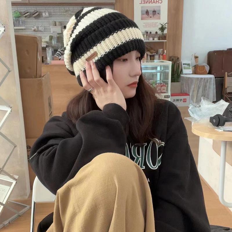 Japanese Striped Letters Small Label Large Version Wool Hat for Women In Autumn and Winter Warm Versatile Big Head Circumference Knit Pile Hat Trend