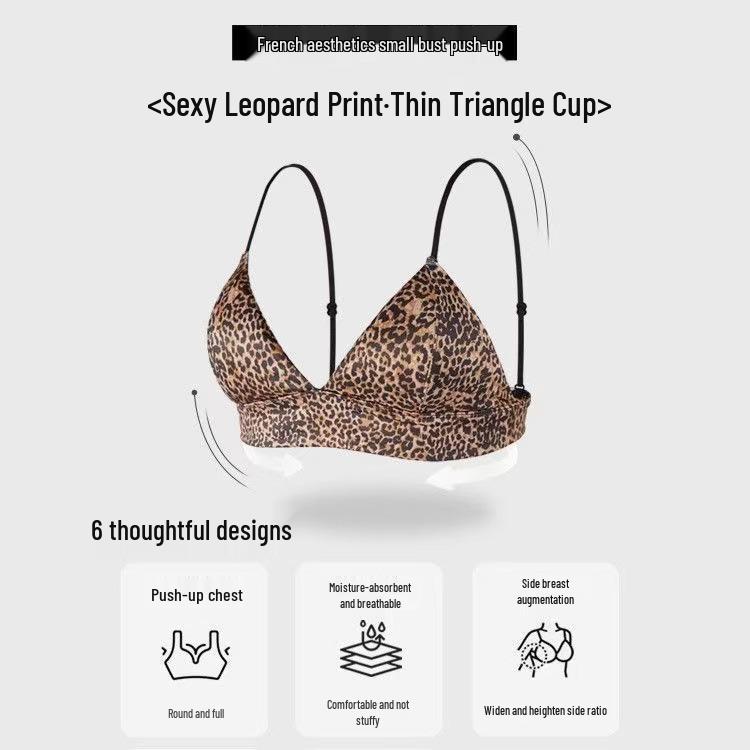Leopard Print Wire-Free Deep V Lingerie Set - Women's Sexy Triangle Cup Spaghetti Strap Bra