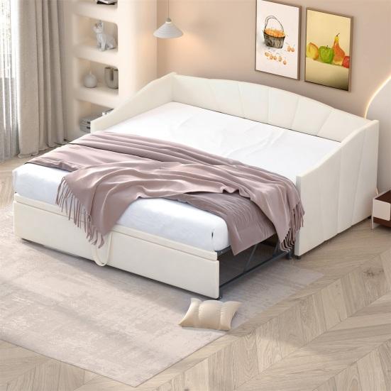 Upholstered Bed Extendable Sofa Bed 90/180x200cm with Slatted Frame, Multifunctional Bed Made of Skin-Friendly Velvet Fabric