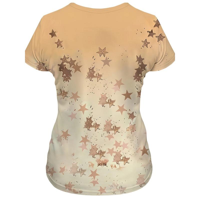 Women's Tee - Cute Coffee Cow & Star Graphic, Playful Cartoon Animal Design for Casual Daily Wear