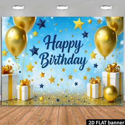 Boys Blue Gold Birthday Tapestry, "Happy Birthday" with Starry Glitter and Balloons for Photo Booth